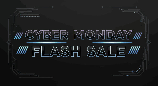 Cyber Monday Flash Sale banner featuring a futuristic digital design. High-tech promotional graphic with HUD elements for e-commerce and online shopping