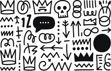 Collection of hand drawn black and white doodle icons and symbols for creative projects
