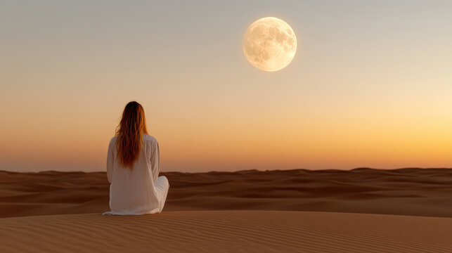 Woman sitting on desert dune watching full moon at sunset peaceful reflective