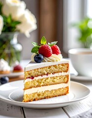Slice of layered cake with fresh berries, next to a floral arrangement