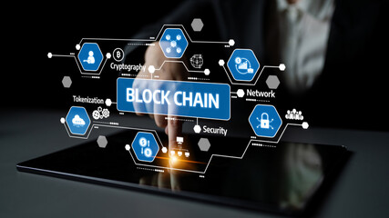 A close-up image depicting hands interacting with a blockchain technology interface on a tablet, showcasing elements of security, network, and cryptography in a modern digital environment. Tessel