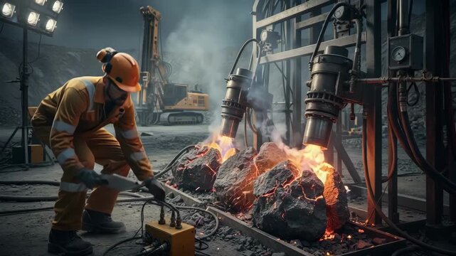 Technician monitoring thermal fracturing process with gas burner setup on rugged rock samples in a mining site simulation.