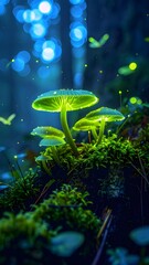 Enchanting close-up of vibrant bioluminescent mushrooms glowing softly on mossy forest ground, creating a magical natural spectacle