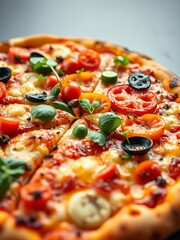 Close-up of a pizza creation, artfully arranged ingredients forming a beautiful edible landscape,  edible art,  dough texture