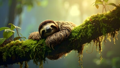 Serene Sloth Resting on Mossy Tree Branch in Lush Rainforest Canopy