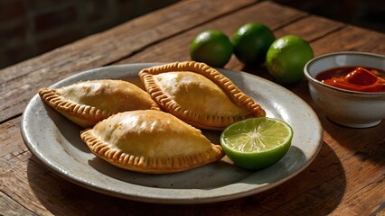 Baked empanadas with lime and hot sauce on rustic wooden table