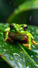 Frog in the Rain A Vibrant Green Amphibian on a Leaf with Water Droplets