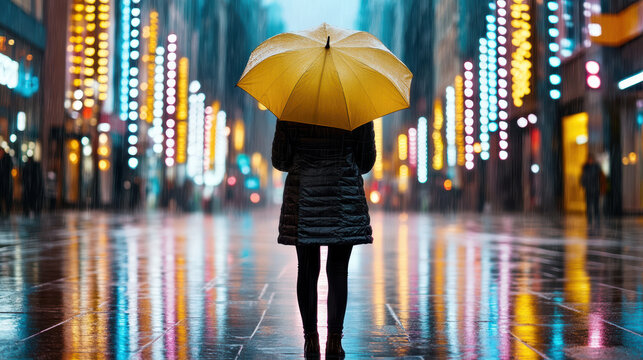 Woman with yellow umbrella walking in neon city rain, reflective wet street mood