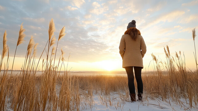Woman standing in winter sunrise among tall grass, serene warm light