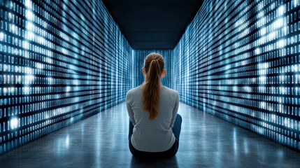 Woman sitting in corridor of glowing binary code lights, contemplative mood