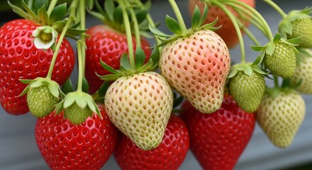 A vibrant cluster of red and white strawberries ripening on the vine.