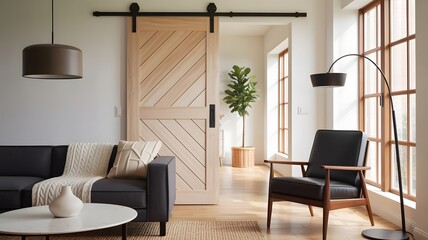 Modern living room with a dark sofa, sliding barn door, and armchair image photograph
