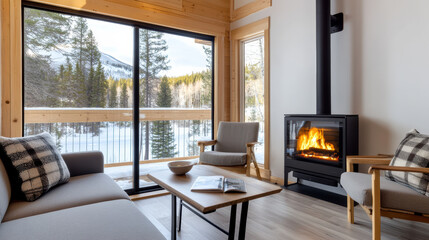 Naklejka premium Cozy cabin living room with fireplace, large window view of snowy pine forest