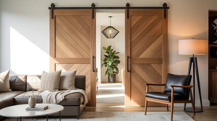 Spacious living room with a sectional sofa, sliding barn doors, and armchair daunh8sqte