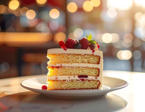 Slice of layered dessert with fresh berries, on a plate. Bokeh background
