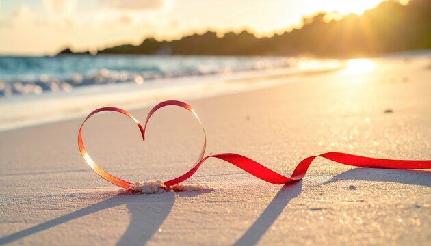 Red Ribbon Heart Shape on Sandy Beach Shoreline During Golden Hour Sunset with Gentle Ocean Waves and Distant Island Silhouette - Powered by Adobe