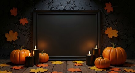 Spooky Halloween Night Celebration With Pumpkins Candles and Autumn Leaves
