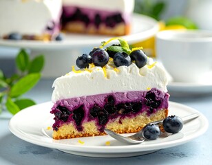 Slice of layered fruit cake with blueberries, on a white plate