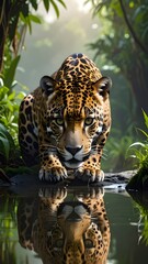 Majestic Jaguar Contemplating Reflection in Tranquil Waters Amidst Lush Greenery