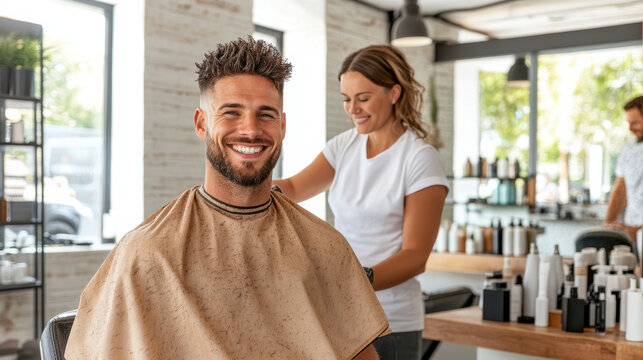 Smiling man getting modern fade haircut at barbershop with stylist