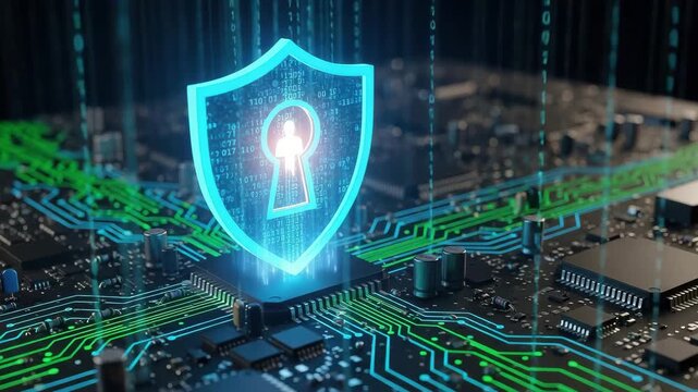 Digital shield with keyhole symbol over a circuit board, representing cybersecurity and data protection