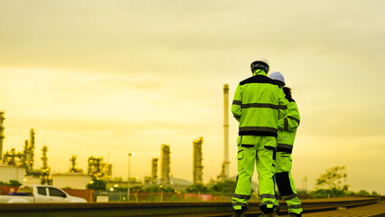 Two industrial workers in high visibility safety gear and hard hats stand on rusted metal pipes. They are inspecting a large factory or refinery plant during a golden sunset.