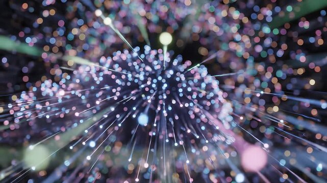 Fiber optic technology in action, capturing the concept of innovation and connectivity as a mesmerizing display of swirling lights suspended in mid air conveys the idea of technological.