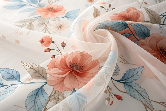 Elegant light sheer fabric showcases a gentle floral pattern, gracefully folded to reveal soft peach blossoms and muted blue green leaves.
