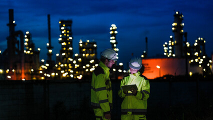 Energy professionals ensure continuous 24/7 operations at a refinery. The team uses digital technology to monitor sustainable production during the night shift.