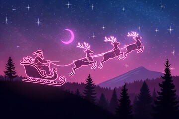 A luminous traveler in a glowing sleigh flies with bright reindeer over a serene winter landscape under a starry purple night sky.