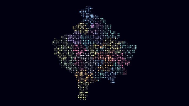 Kosovo animated country shape. Pulsating colored dots on the map of the country. Small size square blocks. Digital style Kosovo map on dark background. Beautiful animation video.