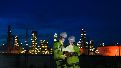 Energy professionals ensure continuous 24/7 operations at a refinery. The team uses digital technology to monitor sustainable production during the night shift.