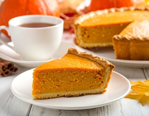 Slice of pumpkin pie with coffee cup and autumn foliage