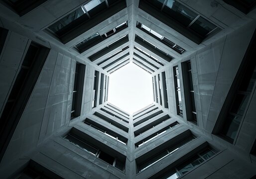 Abstract view of a buildings interior looking up to the sky.