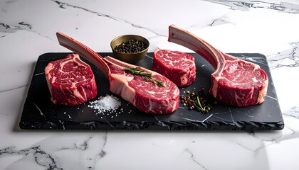Close-up display of Japanese Wagyu beef steaks with intense marbling patterns on a serving board