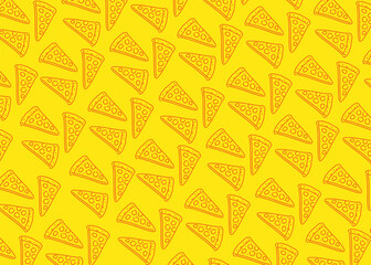 Seamless pattern featuring hand-drawn doodle slices of pizza in orange and yellow. Simple and fun line art design, perfect for backgrounds, wallpapers, food packaging, or culinary-themed projects.