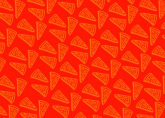 Seamless pattern featuring hand-drawn doodle slices of pizza in yellow and red. Simple and fun line art design, perfect for backgrounds, wallpapers, food packaging, or culinary-themed projects.