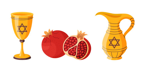 Jewish holiday elements set. golden Kiddush cup, oil jug whis Star of David, and pomegranates. Festive flat vector design perfect for invitations, menus, stickers and religious event graphics