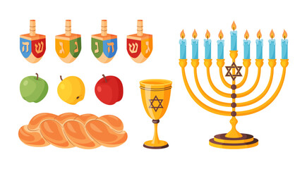 Jewish holiday items set. dreidels, apples, challah bread, golden Kiddush cup, lit menorah. Colorful flat vector design, useful for holiday cooking, greeting cards, stickers and educational materials