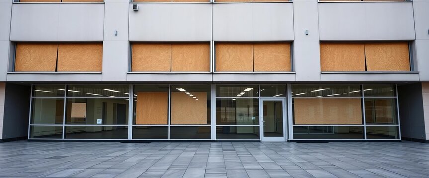 Empty office building, boarded windows, recession symbol, dark, failure