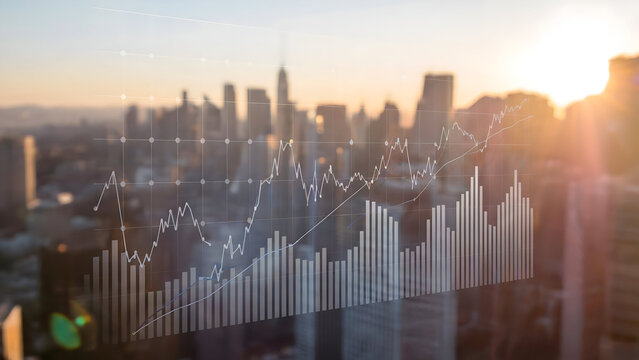 Digital stock market analysis charts superimposed on a blurred city background symbolizing corporate growth and global finance. - Powered by Adobe