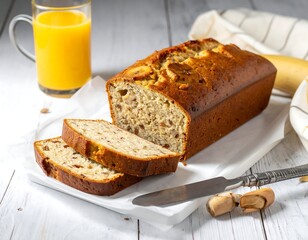 Sliced banana bread served with orange juice and decorative elements