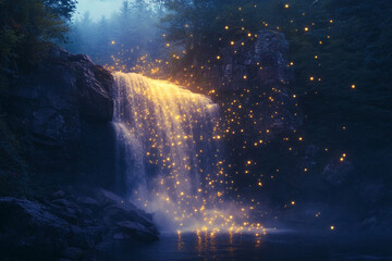 A waterfall glowing as fireflies dance in its mist