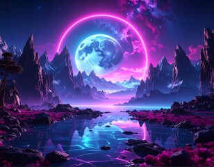 Fototapeta premium A surreal landscape with mountains, reflecting water, and a bright neon pink ring surrounding a glowing blue moon against a nebula sky