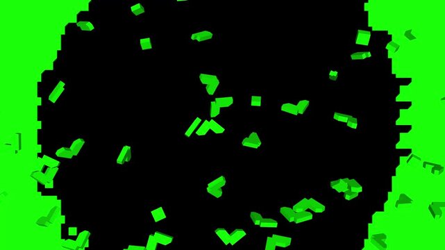 Animation shatter transition forming the letter V on a green screen