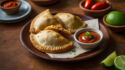 Freshly baked empanadas with spicy tomato sauce and lime on rustic plate