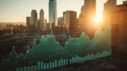 Financial stock market chart overlaying a vibrant metropolitan cityscape at sunrise, symbolizing global investment and economic growth.