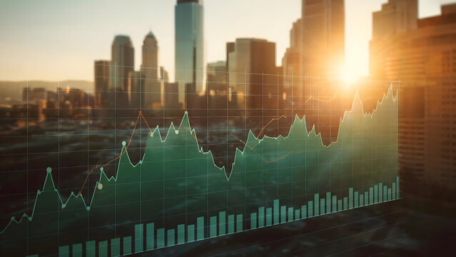 Financial stock market chart overlaying a vibrant metropolitan cityscape at sunrise, symbolizing global investment and economic growth.