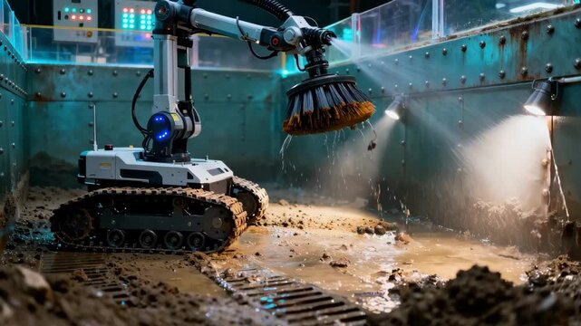 Dynamic medium shot of an automated crawler robot performing intricate cleaning tasks on sediment layers within an enclosed tank environment.