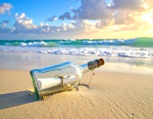 Seaside image of message in a bottle on sunny, sandy beach